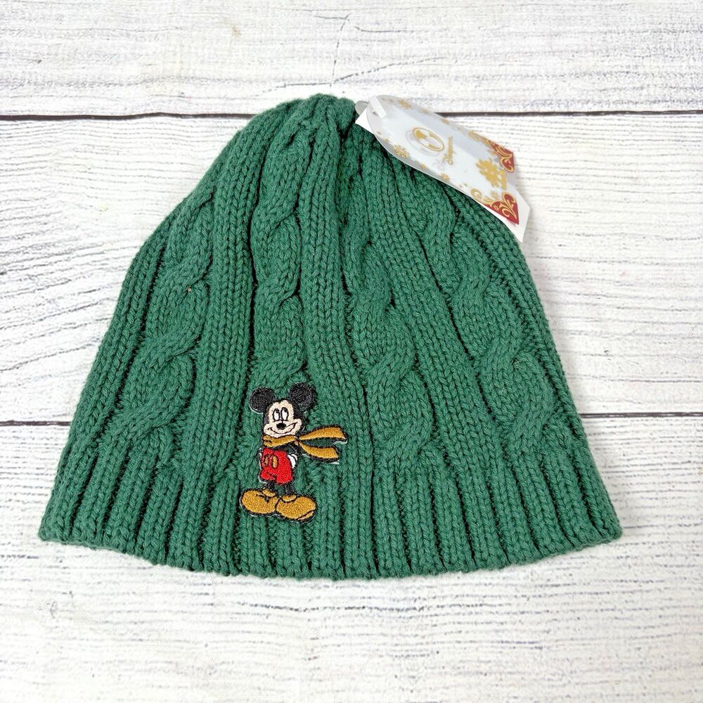 Disney Store Winter Cable Knit Hat Beanie Kids XS 3-4 Yrs Mickey Mouse Green NEW